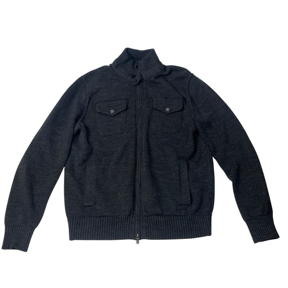 Banana Republic Sweater Jacket Hook & Eye  Mens L Full Zip Mock Neck Cotton Gray